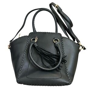ISABELLE Women’s Nubuck Leather/Vegan Leather Purse Tote Black/Gold Braid Tassel